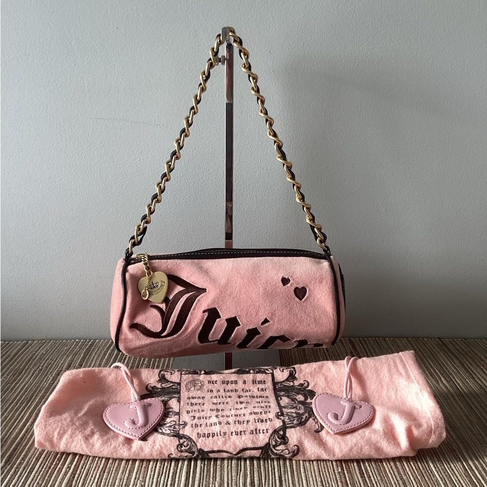 Y2K Vintage Pink Juicy Couture Pink Brown Velour Mini Barrel Bag Purse